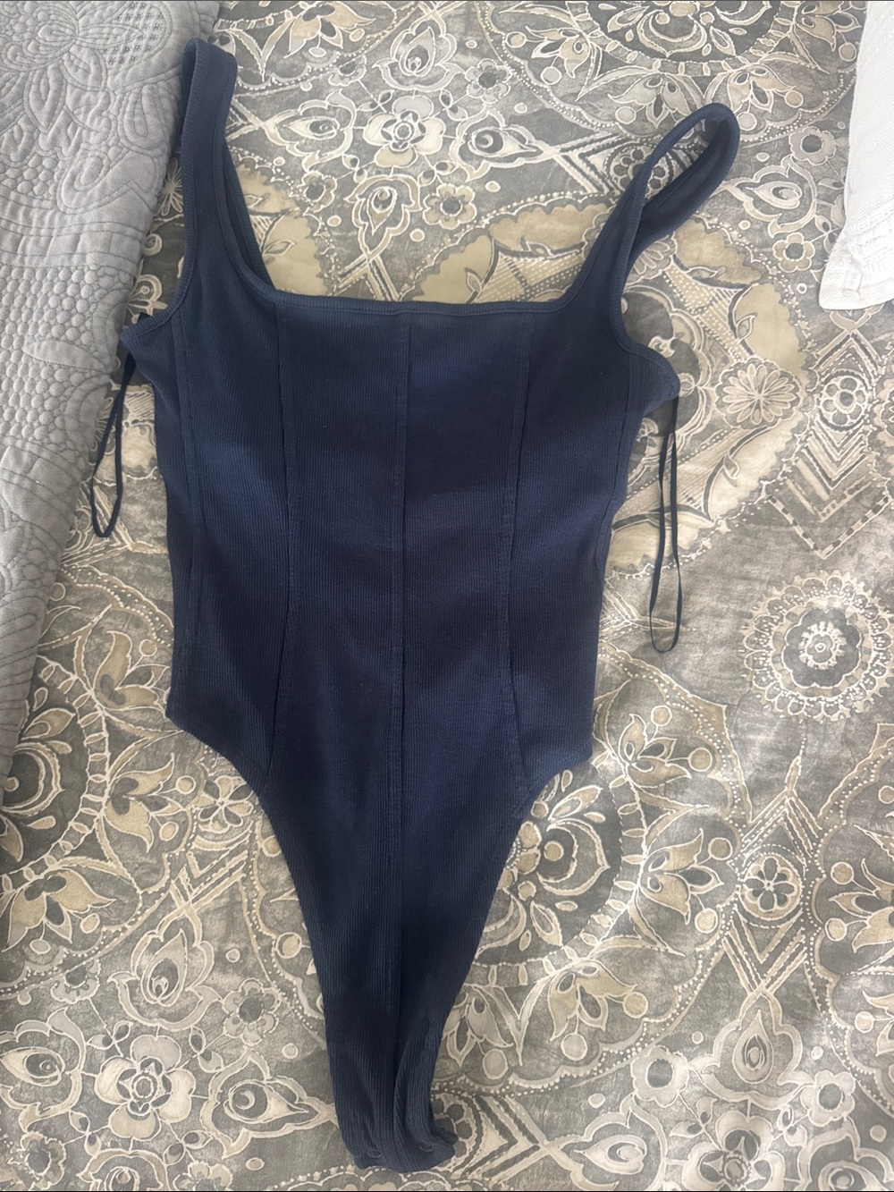 l*space Val Navy Ribbed Square-Neck Bodysuit